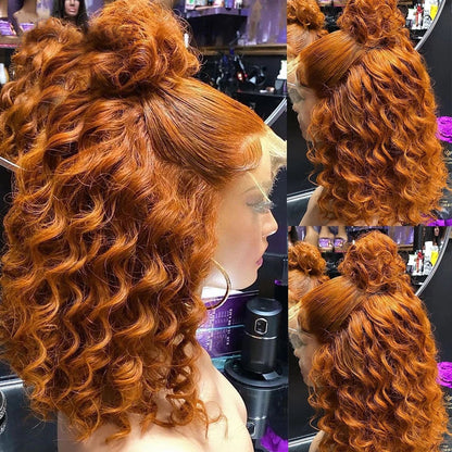 Back view of ginger curly bob wig showing full hair density and curl definition
