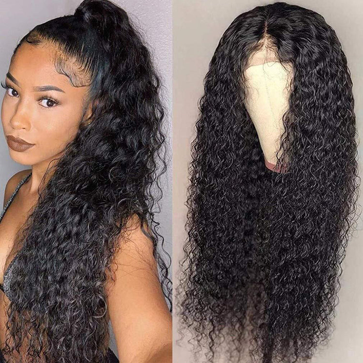 6x4 HD Glueless Water Wave human hair wig displayed on a model and on a mannequin head showing full 200% density, rich natural black color, water wave texture, premium natural HD glueless hairline, and realistic scalp