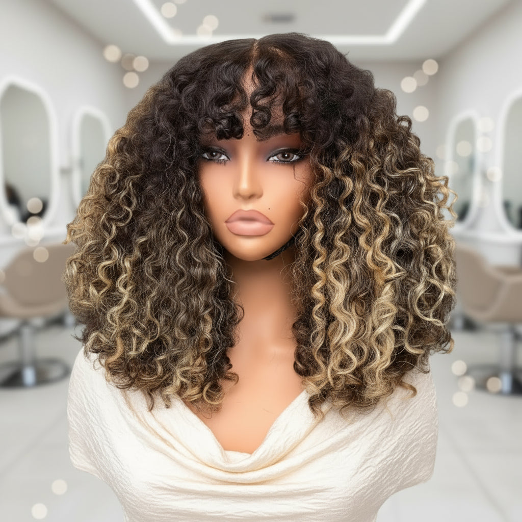 The mannequin showcases NuHaire's Honey Blonde Balayage Highlight Afro Kinky Curly Wig with Bangs, featuring a dark brown base with honey blonde highlights, a kinky curly texture, made from premium human hair, and designed with a glueless 5x5 lace.