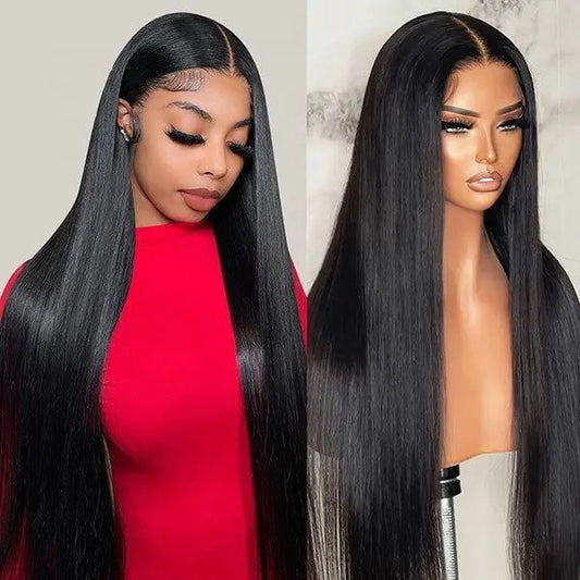 Side by side image of 13x4 Transparent lace front silken straight human hair wig displayed on a model and mannequin showing full volume, rich natural black color, Straight texture, premium natural hairline, and realistic scalp