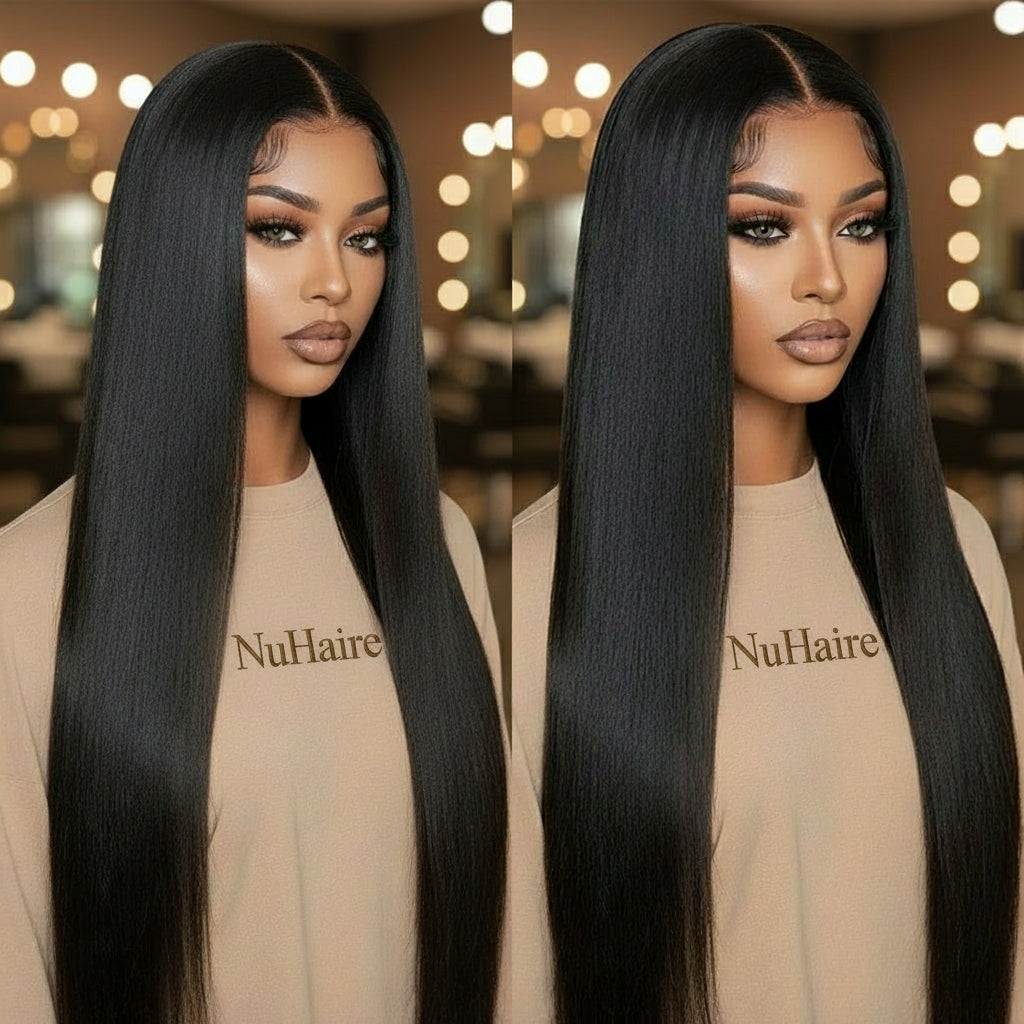 Side by side image of a model - Brazilian silky straight 13x4 transparent lace front wig displayed on mannequin head showing parting versatility on the left side, and up close images of pre-plucked, deep parting, and natural hairline on the right side