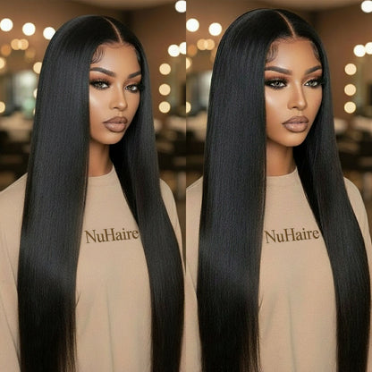 Side by side image of a model - Brazilian silky straight 13x4 transparent lace front wig displayed on mannequin head showing parting versatility on the left side, and up close images of pre-plucked, deep parting, and natural hairline on the right side