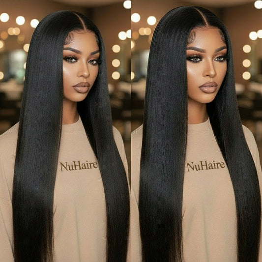 Side by side image of a model - Brazilian silky straight 13x4 transparent lace front wig displayed on mannequin head showing parting versatility on the left side, and up close images of pre-plucked, deep parting, and natural hairline on the right side