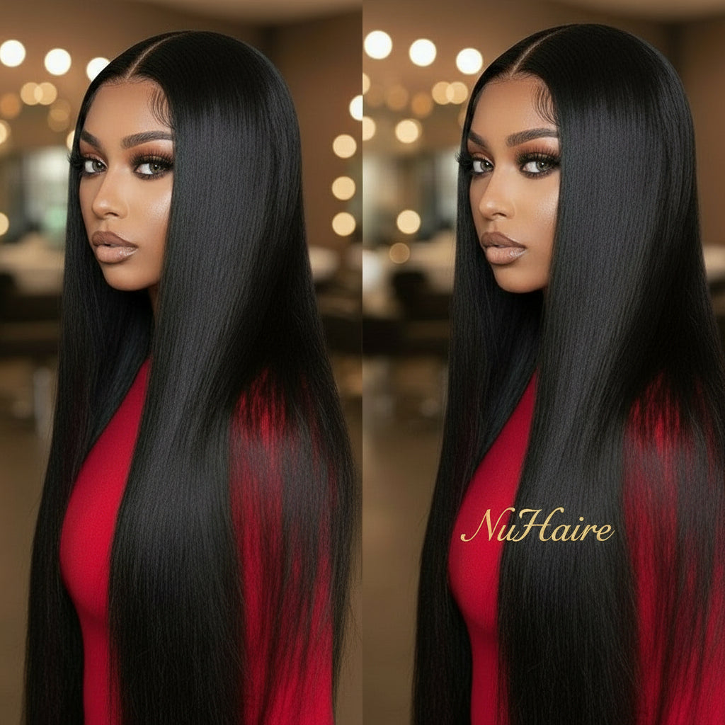 Side by side image - Brazilian silky straight 13x4 transparent lace front wig displayed on mannequin head showing parting versatility on the left side, and up close images of pre-plucked, deep parting, and natural hairline on the right side