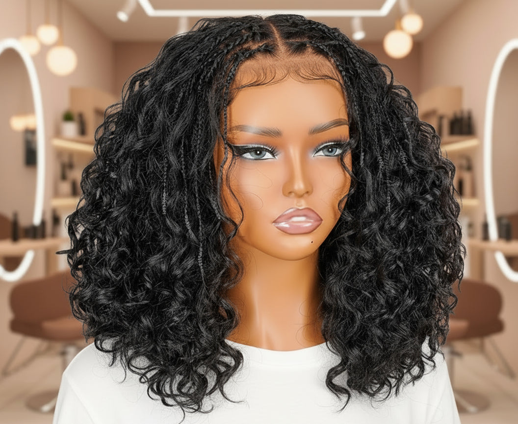 Different view of Mannequin head featuring NuHaire's Knotless Boho Braids | 5x5 Glueless Bob, showcasing flawless boho braids, premium human hair quality, 5x5 glueless lace, a natural hairline, and a bouncy bob.