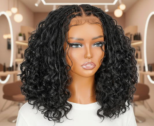 Different view of Mannequin head featuring NuHaire's Knotless Boho Braids | 5x5 Glueless Bob, showcasing flawless boho braids, premium human hair quality, 5x5 glueless lace, a natural hairline, and a bouncy bob.