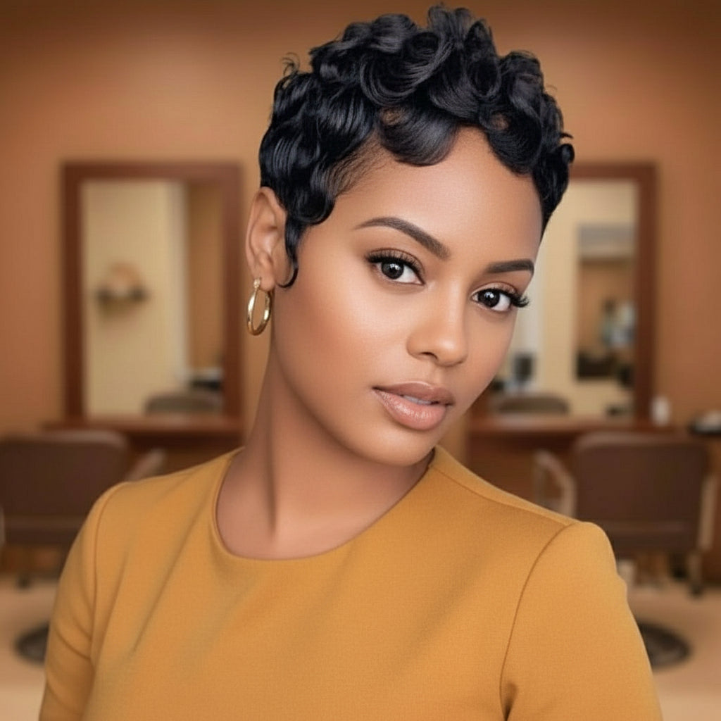 Beautiful Model showcases NuHaire's Pixie Cut Finger Waves wig, featuring a natural black color, flowing finger wave texture, glueless installation, and premium human hair.