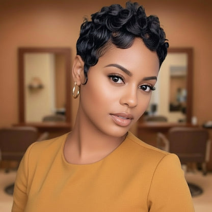 Beautiful Model showcases NuHaire's Pixie Cut Finger Waves wig, featuring a natural black color, flowing finger wave texture, glueless installation, and premium human hair.