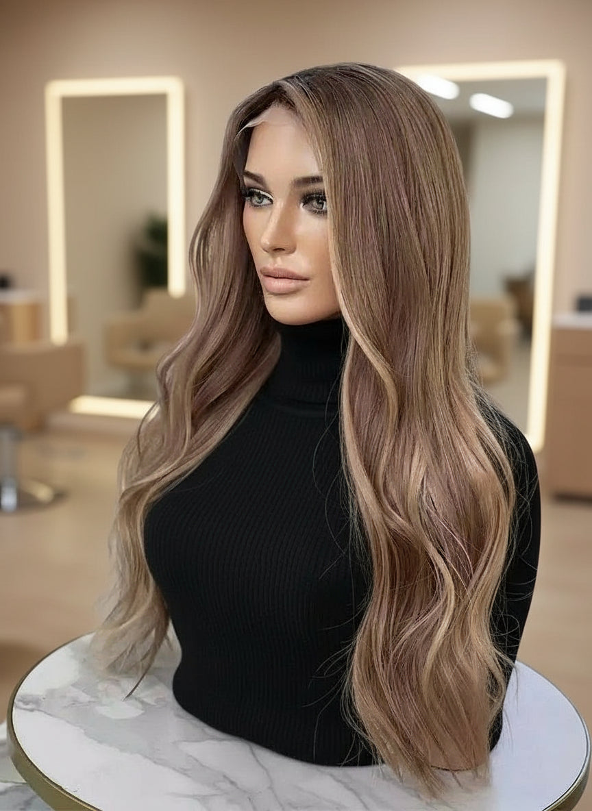 ALTERNATE ANGLE OF Mannequin head with NuHaire Golden Blonde Balayage Highlight Wig, showcasing dark blonde waves, flawless golden blonde balayage highlight, premium European Human Hair Quality, 13x4 transparent lace front, and natural hairline.