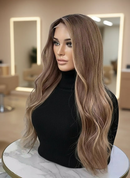 ALTERNATE ANGLE OF Mannequin head with NuHaire Golden Blonde Balayage Highlight Wig, showcasing dark blonde waves, flawless golden blonde balayage highlight, premium European Human Hair Quality, 13x4 transparent lace front, and natural hairline.