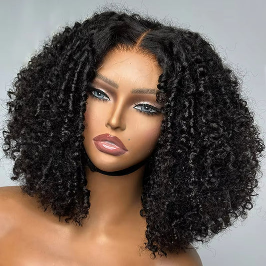Mannequin wearing Nuhaire's Pixie curly wig made from unprocessed raw human hair, showcasing a curly texture, 250% density, and a skin melt HD hairline, against a neutral background.
