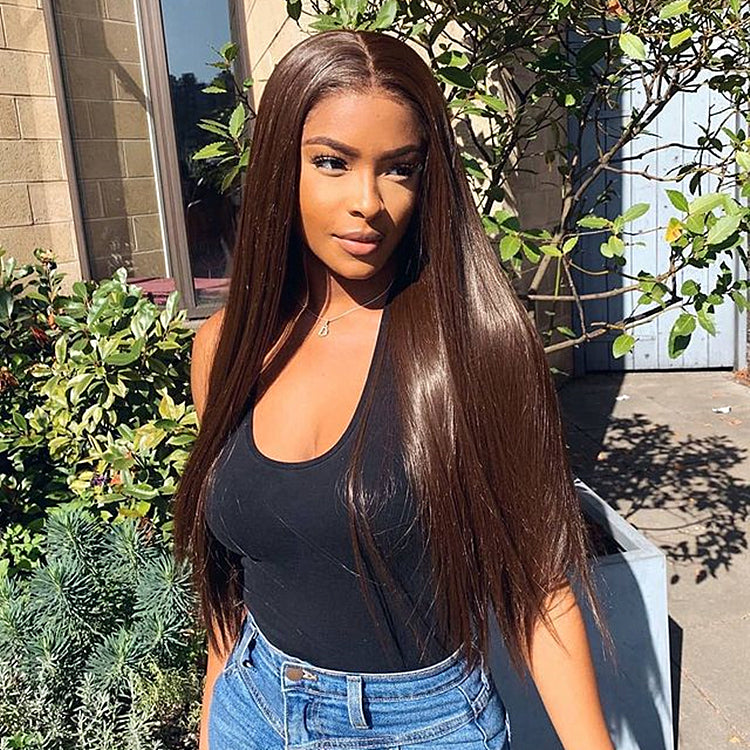A NuHaire Chocolate Silk 4x4 Double Drawn Straight Human Hair Wig features a 4x4 Transparent Lace Closure, showcasing a silky straight texture and chocolate brown color on a model outdoors.