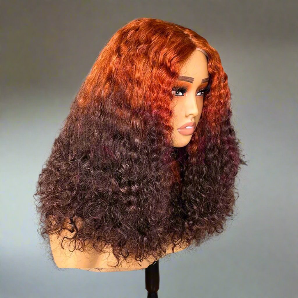 T Part Ginger Ombre 4/350 Curly Wave Lace Front Human Hair Wig