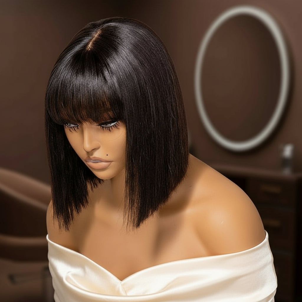 Mannequin head showcasing the NuHaire Yaki Straight Human Hair Bob with Bangs, featuring a natural black color, premium quality human hair, glueless installation, light yaki straight texture, double-drawn ends, and bangs.