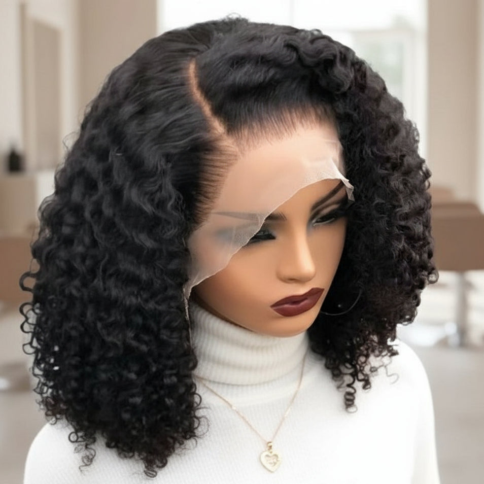 Side view of NuHaire Short Water Curl Lace Front Bob Wig on Mannequin head showcasing natural black color, premium human hair quality, HD Transparent Lace, flowing water curl waves, and natural hairline