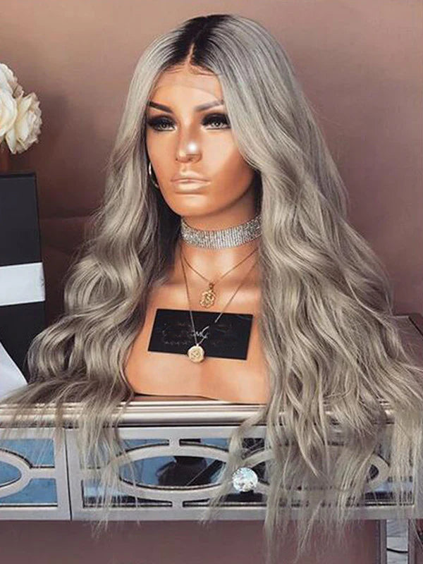 Ombre Ash Grey Full 250% Density Wavy Lace Front Human Hair Wig