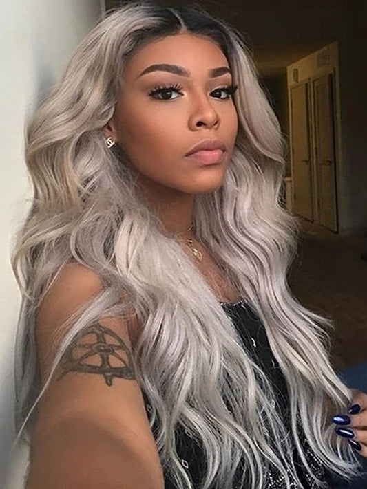 Ombre Ash Grey Full 250% Density Wavy Lace Front Human Hair Wig