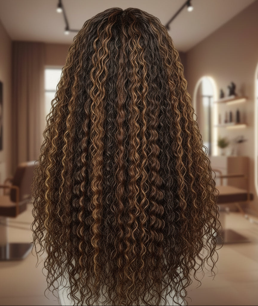 BACK VIEW of a mannequin head wearing the NuHaire Honey Blonde Piano Highlight wig, featuring honey blonde highlights, premium human hair quality, a 13x4 transparent lace front, and flowing deep curly waves.