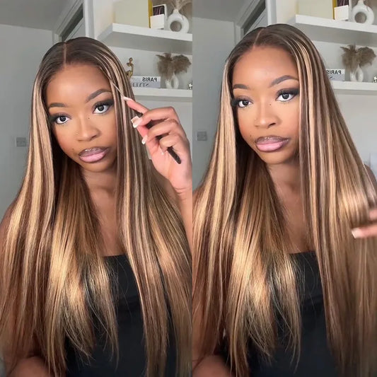 Straight Honey Blonde Highlight 6x4 HD Glueless Lace Human Hair Wig