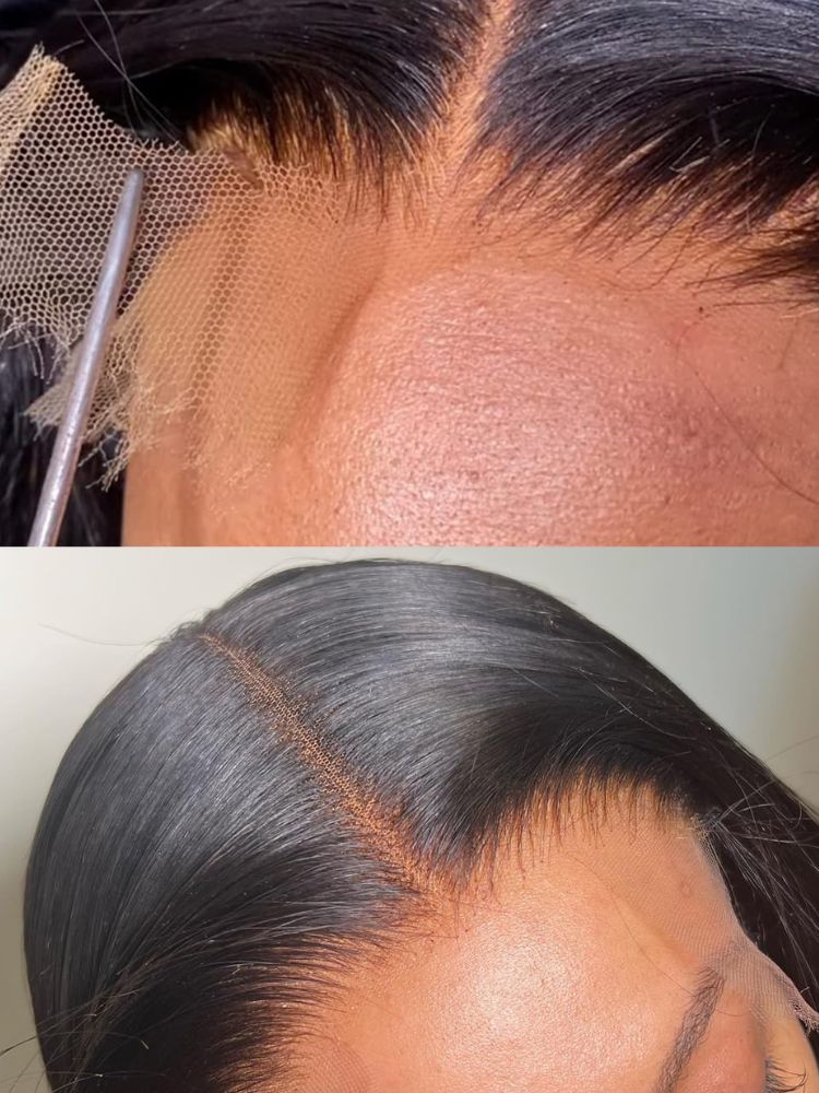 Close-up of hairline with a hairpiece and natural hair wearing a wig installed using NuHaire Peach Scented Lace Melting Spray, showing  skin melt