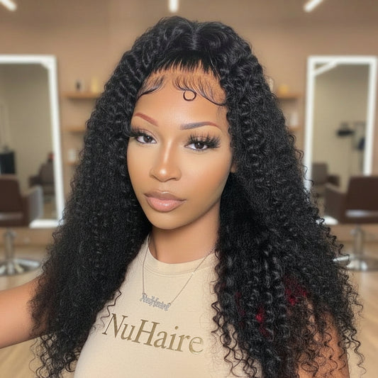 model Display 3 - NuHaire's Brazilian / Indian Kinky Curly Human Hair HD Lace Closure features a natural black color and premium human hair. Available in Brazilian and Indian textures with various lace sizes, it offers full volume and a natural kinky curly texture.