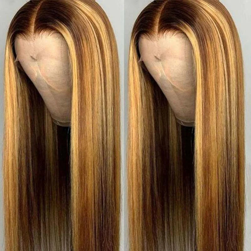 High Density Honey Blonde Highlight Straight Lace Front Human Hair Wig