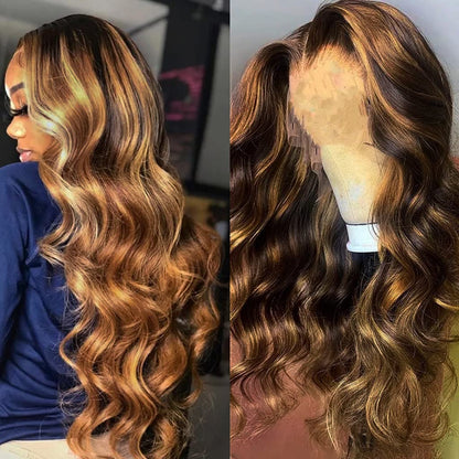 Two-part image side view - model wearing 4/27 honey blonde highlight 13x4 lace front wig and product display showing honey blonde body wave texture and transparent lace construction