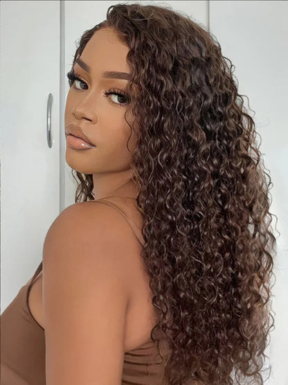 A model wearing NuHaire's Long Length Chocolate Brown Deep Curly  Human Hair Wig, showcasing a flawless natural chocolate brown hair color, premium human hair quality, 13x4 lace front, natural hairline, and flowing deep wave texture.