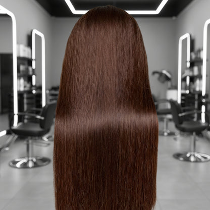 Back view of A NuHaire Chocolate Silk 4x4 Double Drawn Straight Human Hair Wig features a 4x4 Transparent Lace Closure, showcasing a silky straight texture, double drawn processing, and chocolate brown color on a mannequin