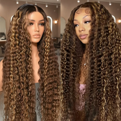 Two views of a mannequin head and a model wearing the NuHaire Honey Blonde Piano Highlight wig, featuring honey blonde highlights, premium human hair quality, a 13x4 transparent lace front, and flowing deep curly waves.
