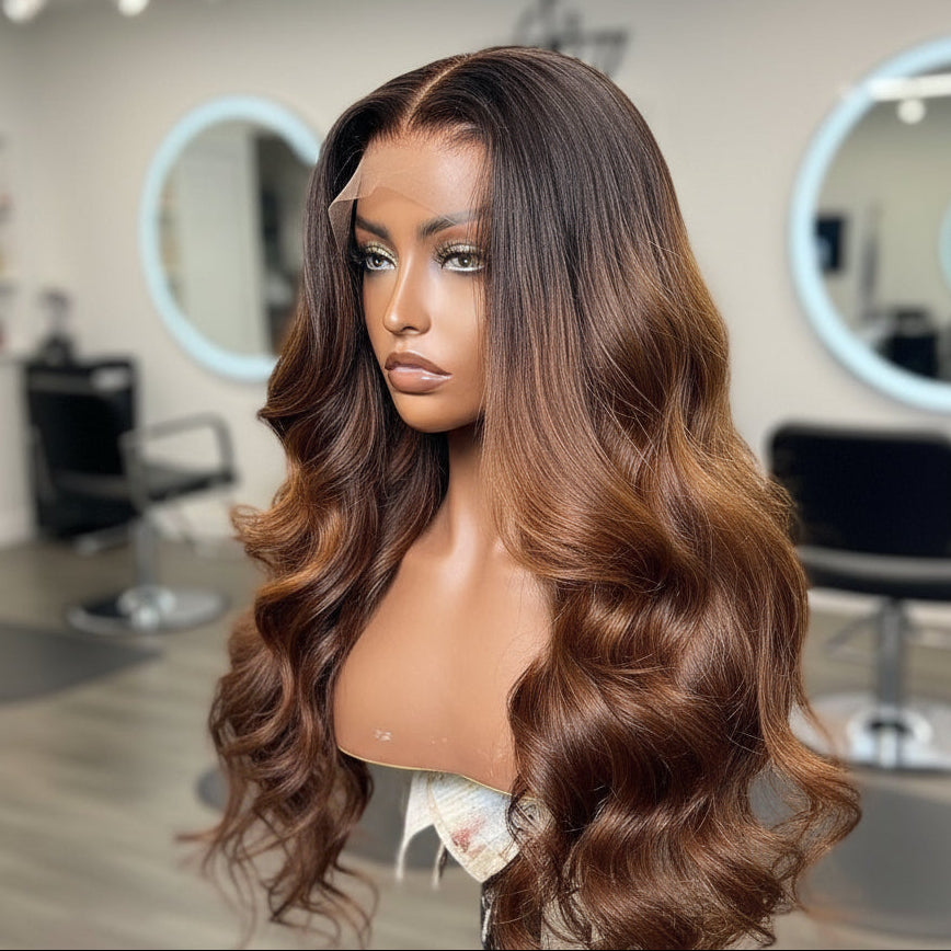 Side angle of Mannequin head featuring a NuHaire Ombre Honey Brown Loose Wave 13x4 Lace Front Human Hair Wig, showcasing rich honey brown ombre, styling versatility, flowing wave texture, and skin melt thin 13x4 transparent lace.