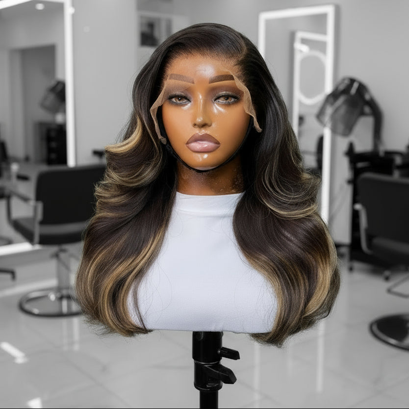 Mannequin displaying NuHaire's Light Brown Highlight Body Wave Lace Front Wig. This wig features a dark brown hair color with a light brown highlight, a bouncy body wave texture, premium human hair, and skin-melt 13x4 transparent lace.