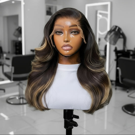 Mannequin displaying NuHaire's Light Brown Highlight Body Wave Lace Front Wig. This wig features a dark brown hair color with a light brown highlight, a bouncy body wave texture, premium human hair, and skin-melt 13x4 transparent lace.
