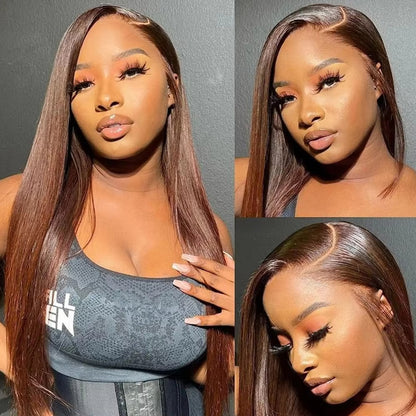A NuHaire Chocolate Silk 4x4 Double Drawn Straight Human Hair Wig features a 4x4 Transparent Lace Closure, showcasing a silky straight texture and chocolate brown color on a model in three images.