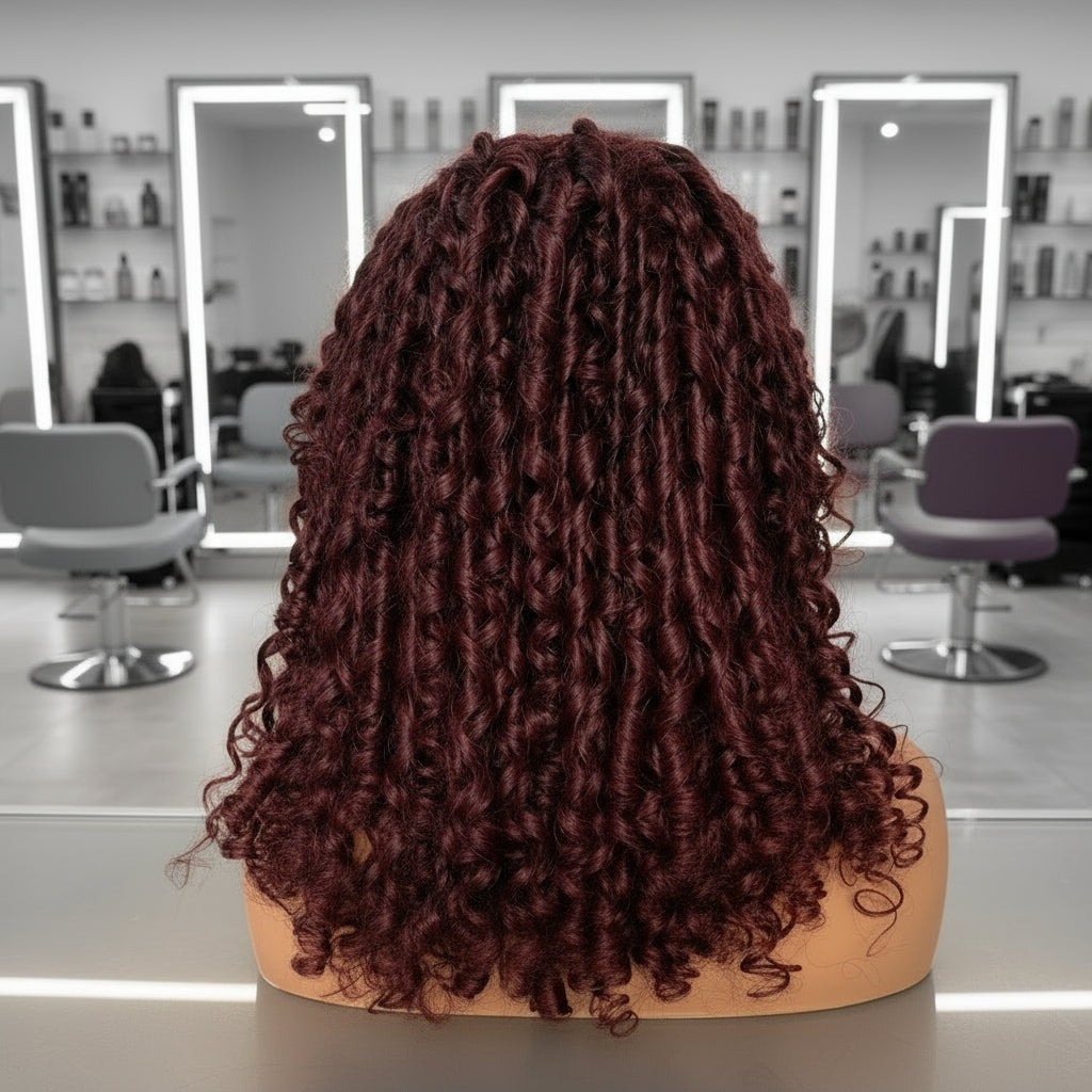 Mannequin head displaying the back view of a NuHaire burgundy pixie curly wig, showcasing a rich burgundy 99J color with bouncy pixie curls before being combed out.