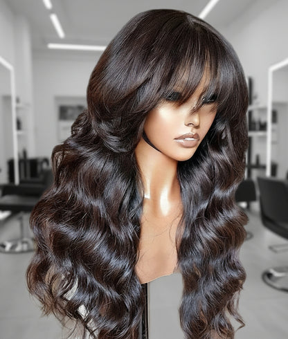 Side view of mannequin head displaying NuHaire's Ready to Wear Loose Wave Wig with Bangs, featuring a natural black color, flowing loose wave texture, glueless install with bangs, and premium human hair.
