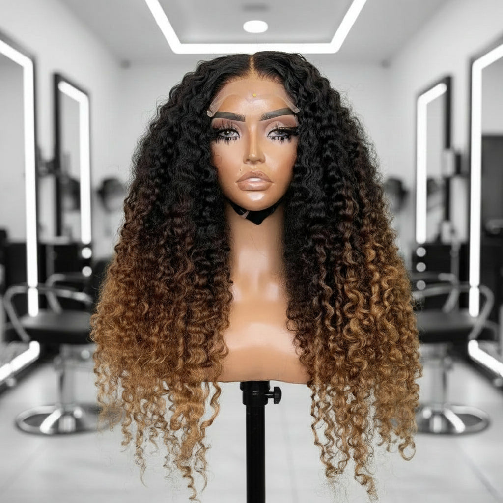 Mannequin head showcases NuHaire's Three Color 1B/4/27 Ombre Deep Wave Wig. This wig features a natural transition from black to brown to honey blonde, a flowing deep wave texture, a full 250% density, premium human hair, and a skin-melt 13x4 transparent lace.