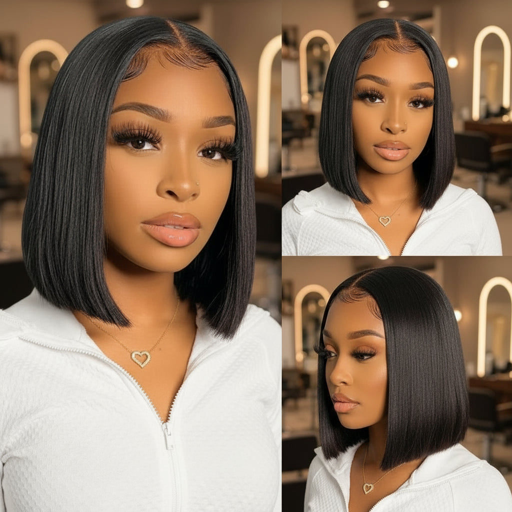 Three different views of a Model wearing the NuHaire Straight Ready-to-Wear Glueless HD Lace Bob Wig, which features a natural black color, premium human hair quality, and an HD Lace Closure for a natural-looking hairline.