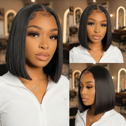 Three different views of a Model wearing the NuHaire Straight Ready-to-Wear Glueless HD Lace Bob Wig, which features a natural black color, premium human hair quality, and an HD Lace Closure for a natural-looking hairline.