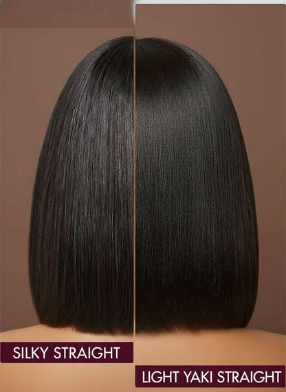 Comparison of silky straight and light yaki straight hair styles on a mannequin head