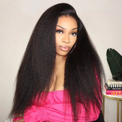 Kinky straight 13x6 HD lace front human hair wig freshly installed on model showing kinky straight texture, natural hairline,  long length, full volume 200% density, and styling versatility