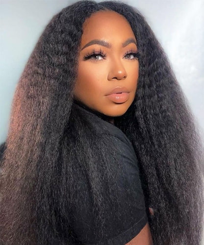 Kinky straight 13x4 HD lace front human hair wig freshly installed on model showing kinky straight texture, natural hairline,  long length, full volume 200% density, and styling versatility