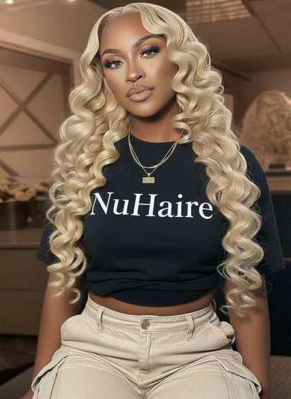 Female Model wearing NuHaire #613 Blonde Loose Deep Wave Lace Front Human Hair Wig, showcasing flawless blond color, flowing loose deep waves, premium Human Hair Quality, transparent lace front, and natural hairline.