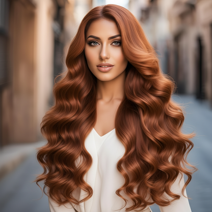 A Latin model is showcasing NuHaire's #30 Light Auburn Body Wave Lace Front Wig. This wig features an auburn color, a bouncy body wave texture, premium human hair, and skin-melt transparent lace.