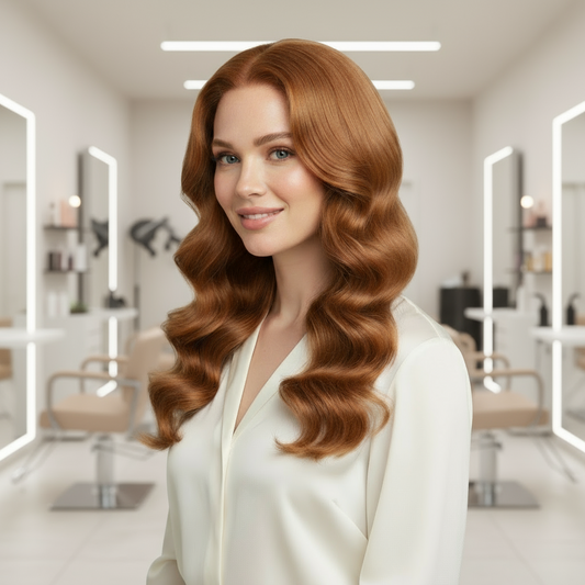 A model showcases NuHaire's #30 Light Auburn Body Wave Lace Front Wig, which boasts a stunning auburn hue, luxurious bouncy body wave texture, premium human hair, and a natural hairline with either a 13x4 or 13x6 transparent lace.