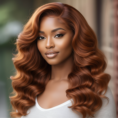 An African-American model showcases NuHaire's #30 Light Auburn Body Wave Lace Front Wig, which boasts a stunning auburn hue, luxurious bouncy body wave texture, premium human hair, and a natural hairline with either a 13x4 or 13x6 transparent lace.