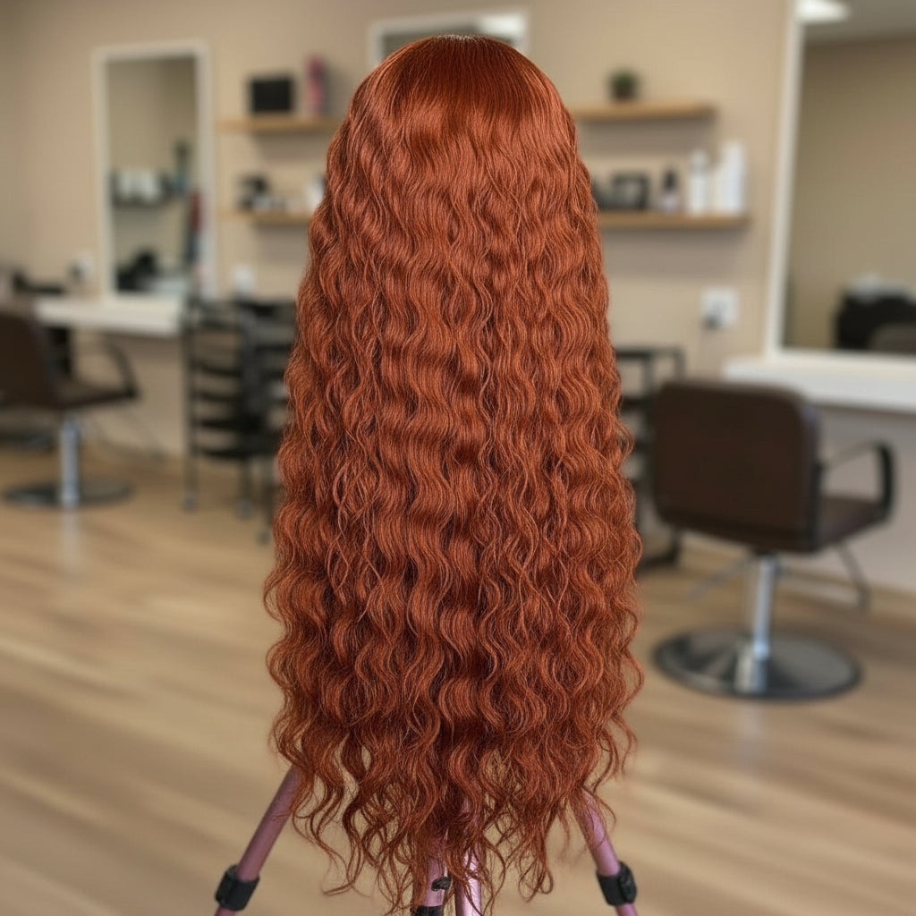 Back view of a mannequin head wearing the NuHaire Ginger Loose Deep Wave Lace Front Human Hair Wig, which showcases flowing loose deep waves, a flawless ginger orange color, premium human hair quality, a 13x4 transparent lace front, and a natural hairline.
