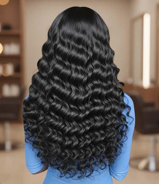 NuHaire's Loose Deep Wave | 1 Piece Human Hair Bundle features a natural black color and premium human hair quality. It is available in Brazilian and Indian hair textures, providing full volume from root to tip with natural  loose deep waves.