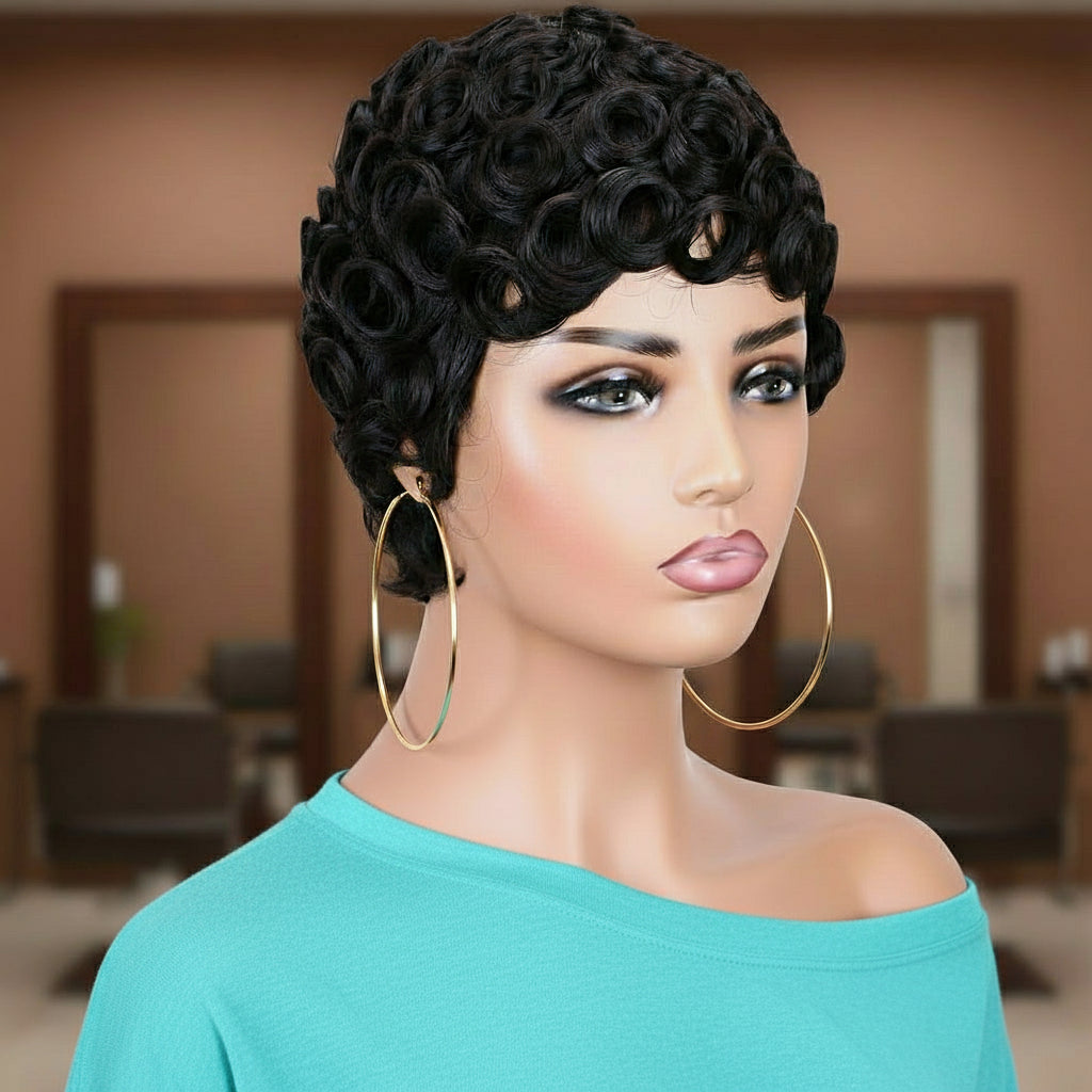 Mannequin head showcasing NuHaire's Pixie Cut Finger Waves wig, featuring a natural black color, flowing finger wave texture, glueless installation, and premium human hair.