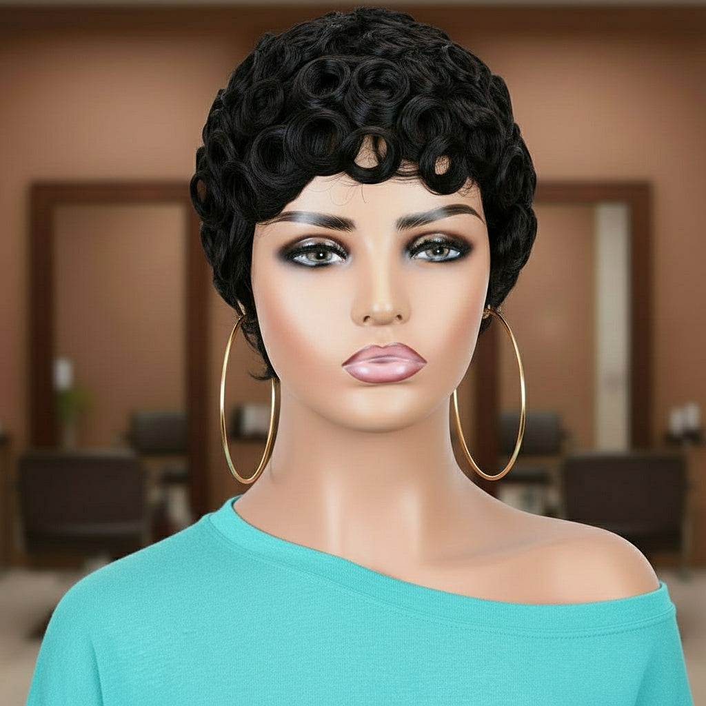 Front view of Mannequin Head displaying NuHaire's Pixie Cut Finger Waves wig, featuring a natural black color, flowing finger wave texture, glueless installation, and premium human hair.